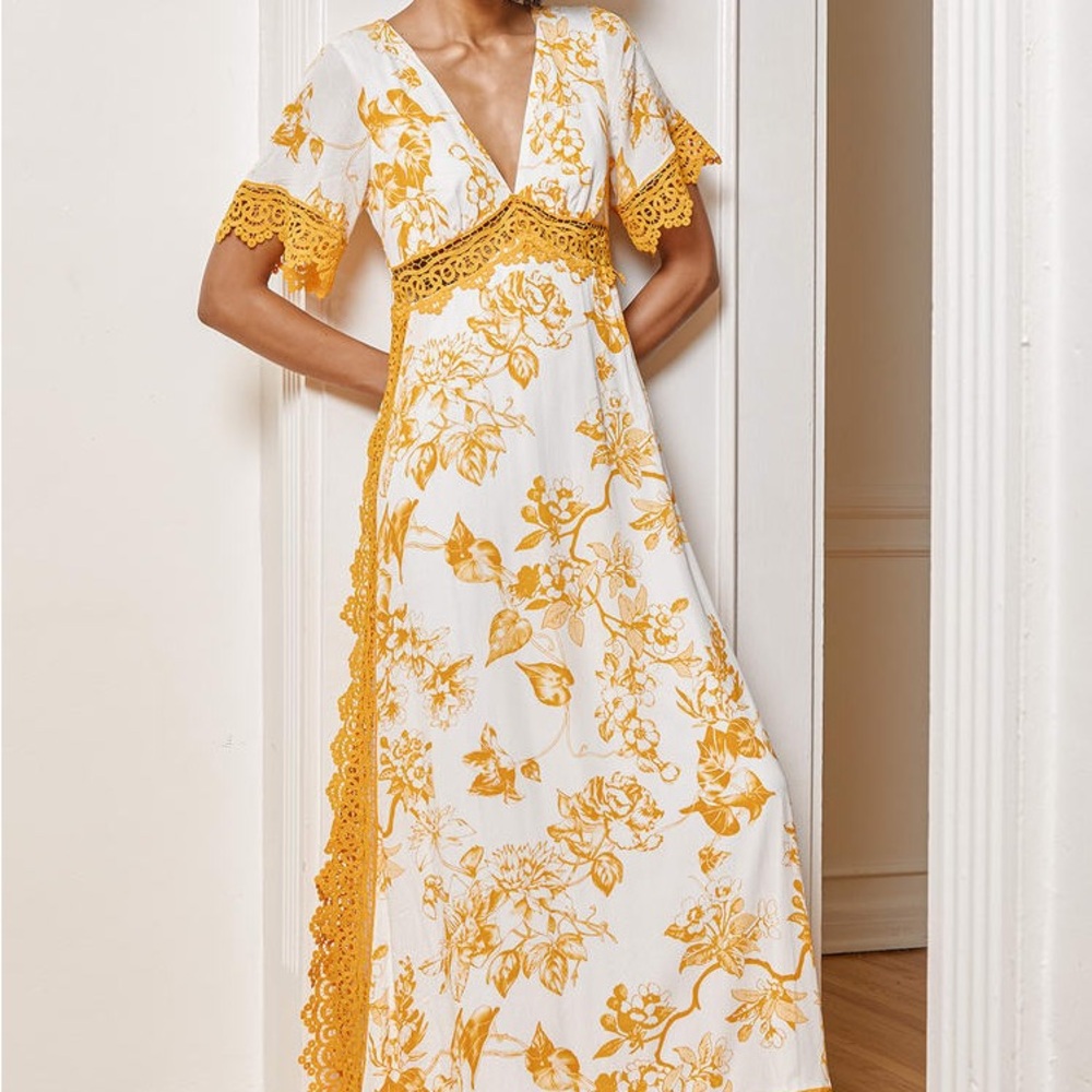 Lulus Sweeten the Occasion Yellow Floral Lace Short Sleeve Maxi Dress